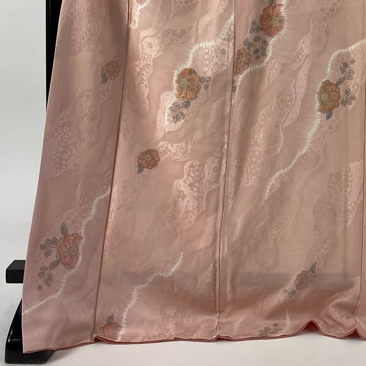 小紋 身丈174cm 裄丈67cm M 袷 草花 地紋 絞り ピンク 正絹 名品