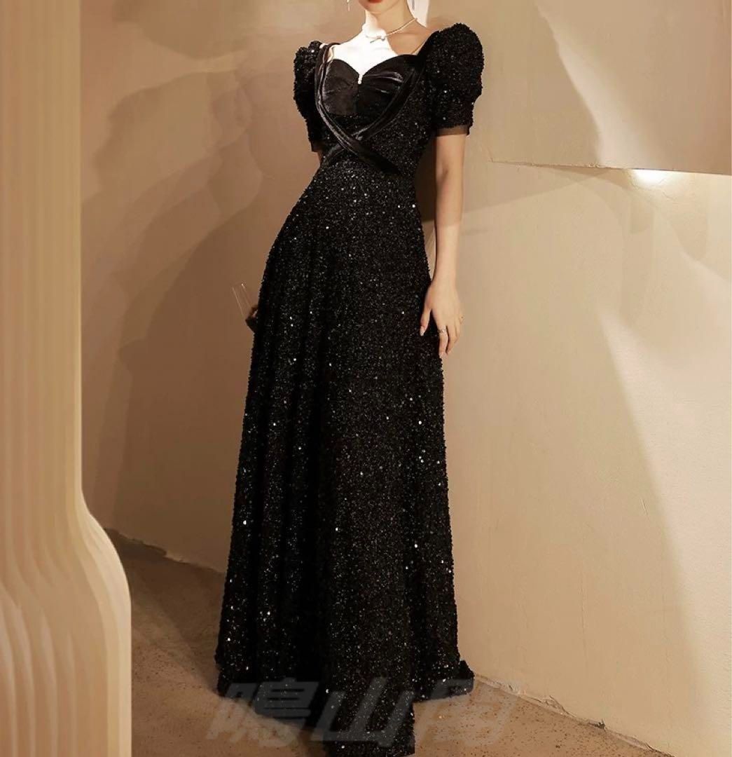 ♥ レディースファッション スパンコールがゴージャスなパール付き パフスリーブ ドレス