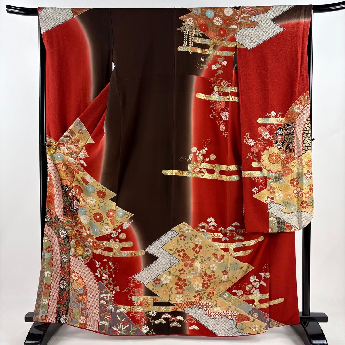 振袖 身丈164.5cm 裄丈66cm M 袷 松竹梅 鶴 金彩 ぼかし 焦茶色 正絹 名品