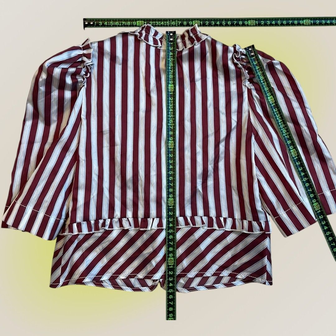 良品】サンドロ SANDRO フリル ストライプ ブラウス レッド×ホワイト