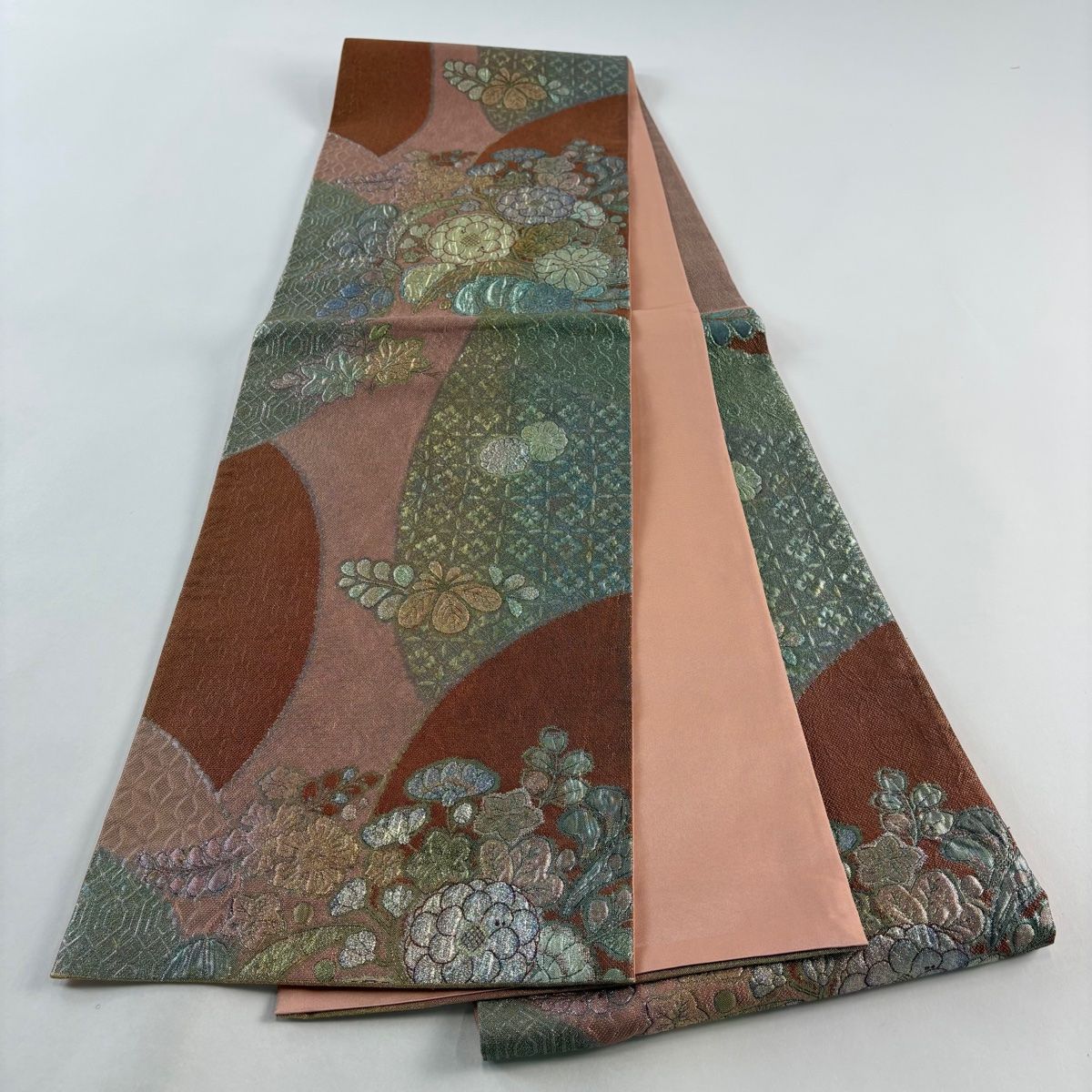 袋帯 秀品 七宝 草花 金糸 箔 金色 六通 正絹 【中古】