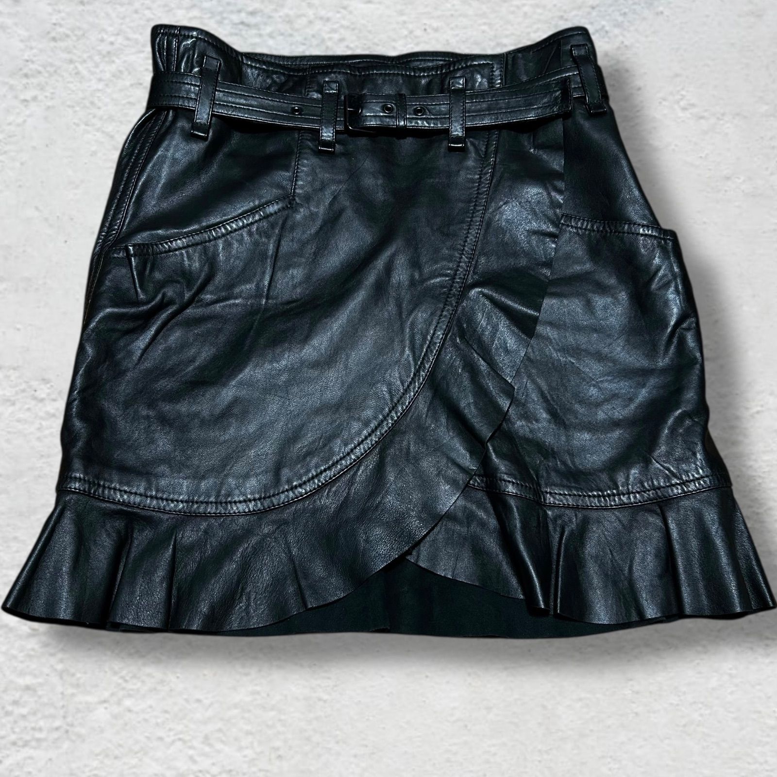 isabel marant etoile 裾フリルデザイン ラムレザーベルトラップスカート