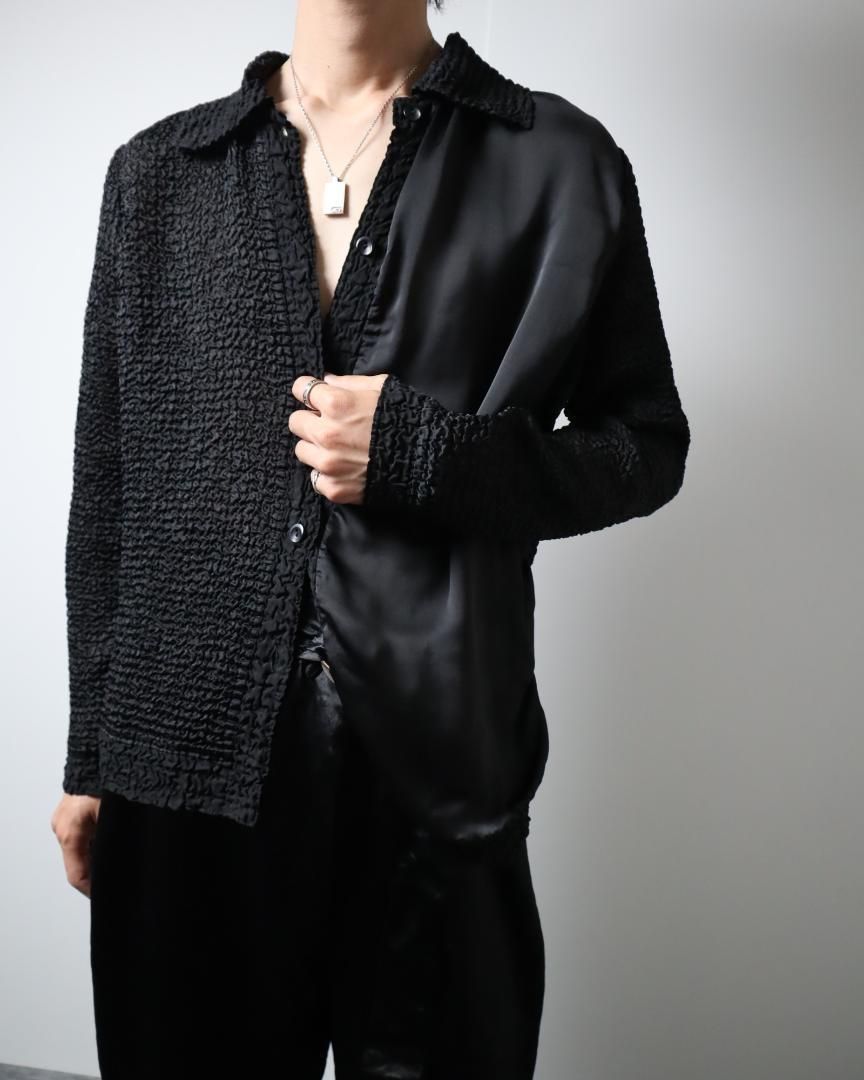 アシンメトリー デザイン ワッシャー プリーツ とろみ シアー サテンシャツ 黒 ブラック 透け感