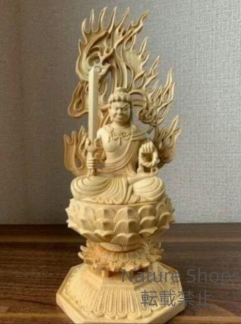 新品未使用】木彫仏像 不動明王 不動明王像 檜木 高約28cm 精密