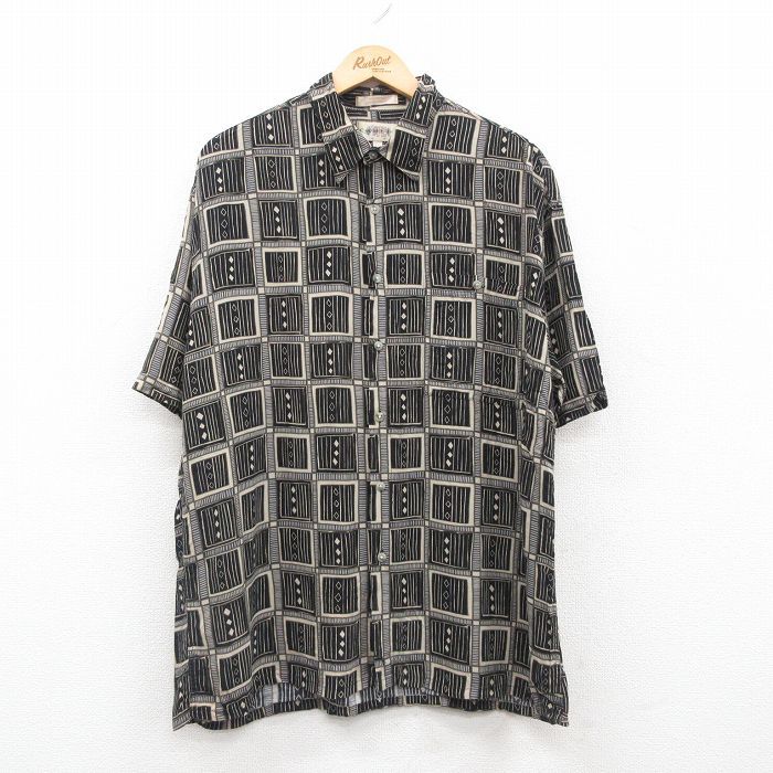 L/古着 半袖 シャツ メンズ 00s レーヨン 黒他 ブラック 24jun14 中古 トップス