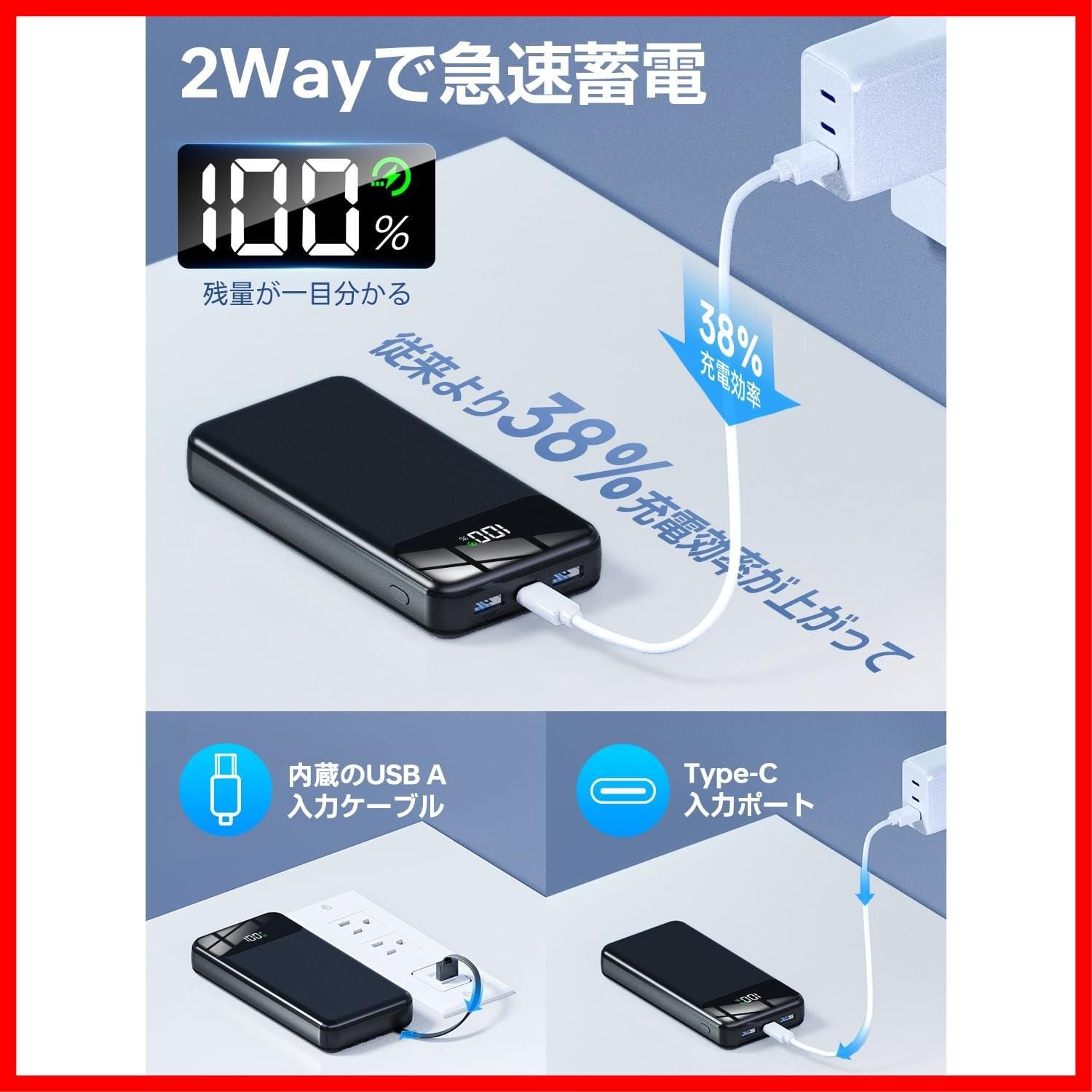 マルチ安全回路保護 コンパクト&軽量 低電流対応 おまかせ充電 旅行 出張 停電対策 緊急防災 iPad iPhone Android各種機器対応 最大2.4A出力 Type-C入力ポート 2USB-A出力ポート LCDディスプレイ残量表示 日本語説