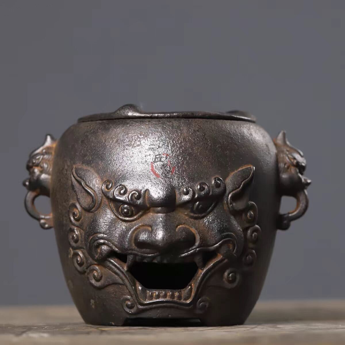 実用品 古鉄器 双耳獣頭 茶釜 鋳鉄製 炭火炉 火鉢 酒温め＆煮茶神器