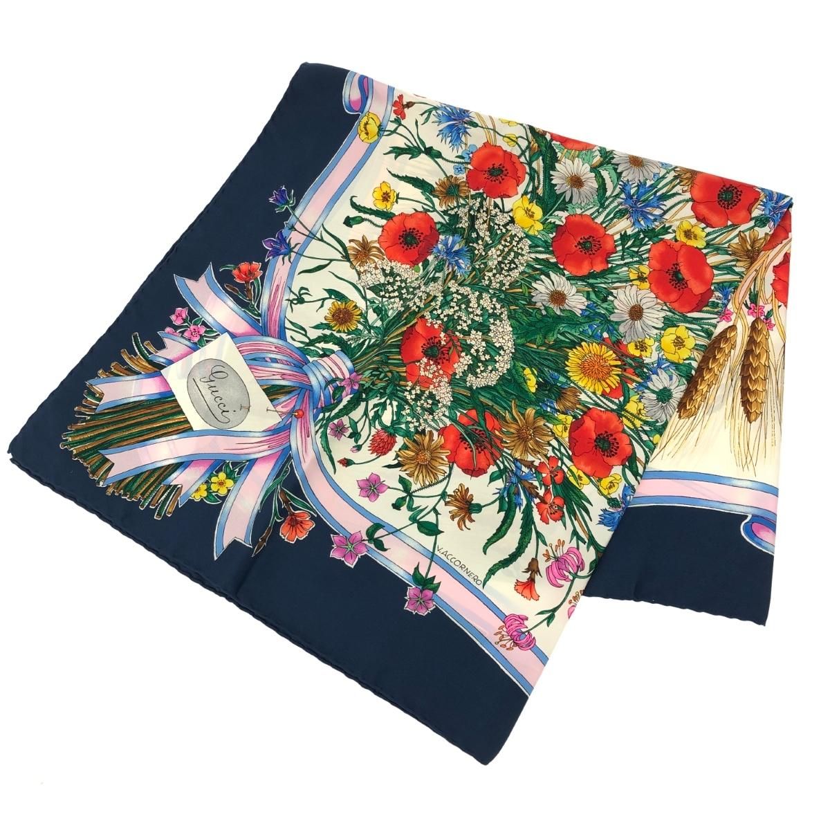 美品 GUCCI グッチ ヴィンテージ スカーフ ネイビー シルク100