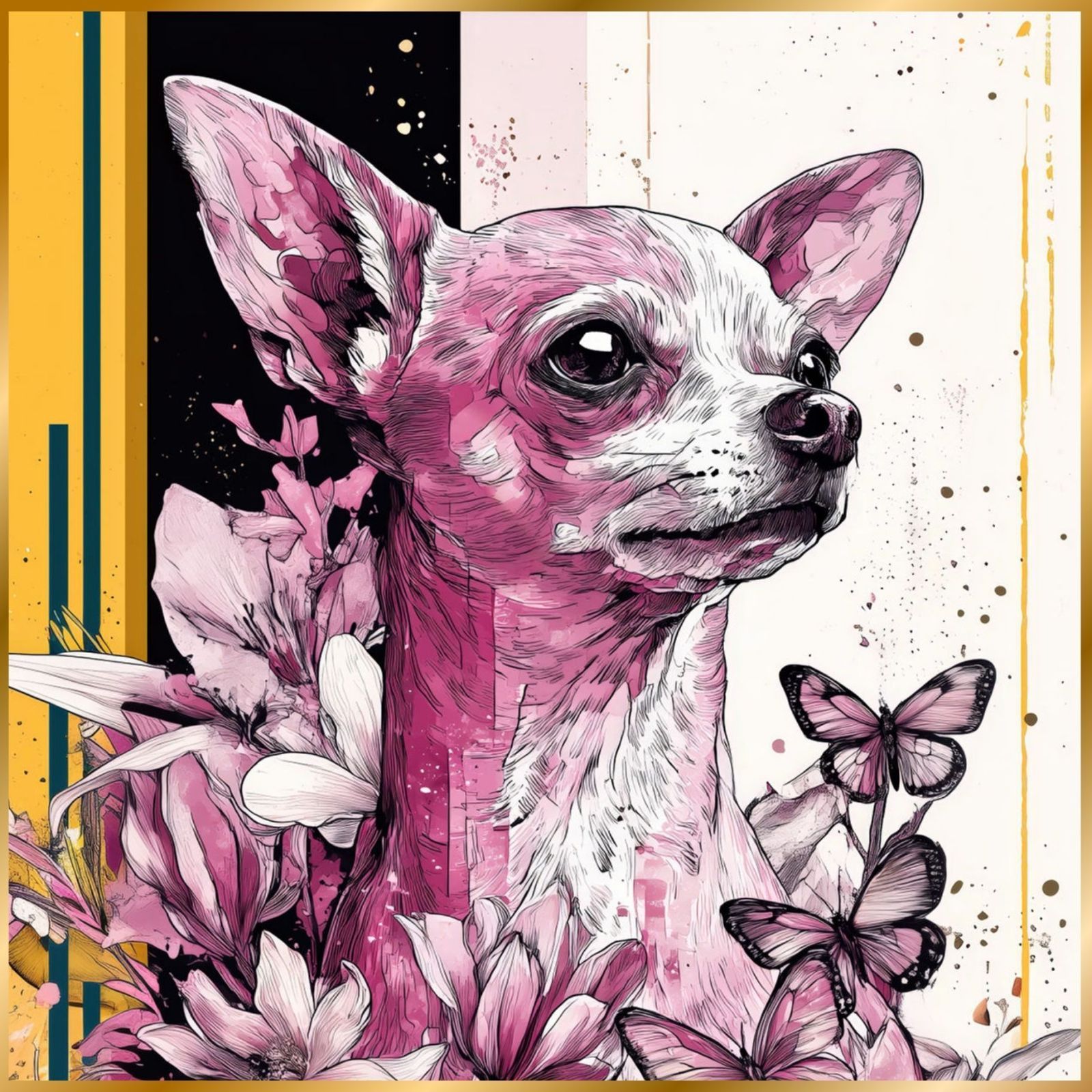 蝶よ花よ - チワワ犬 No.3 ピンク 犬の絵 犬のイラスト おしゃれ エレガント ゴージャス 豪華 インテリアアート ペットロス うちの子 記念日 アートポスター ギフト