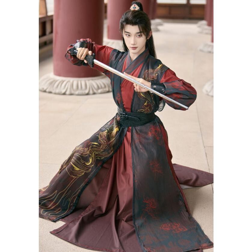 【激安大特価！】 男女兼用 漢服 唐装 大人 中華コスプレ衣装 チャイナ服 5点セット 交差襟 ノースリーブの羽織付 すっきりした 武侠 剣士 中華衣装 ワインレ BJ0903ML250