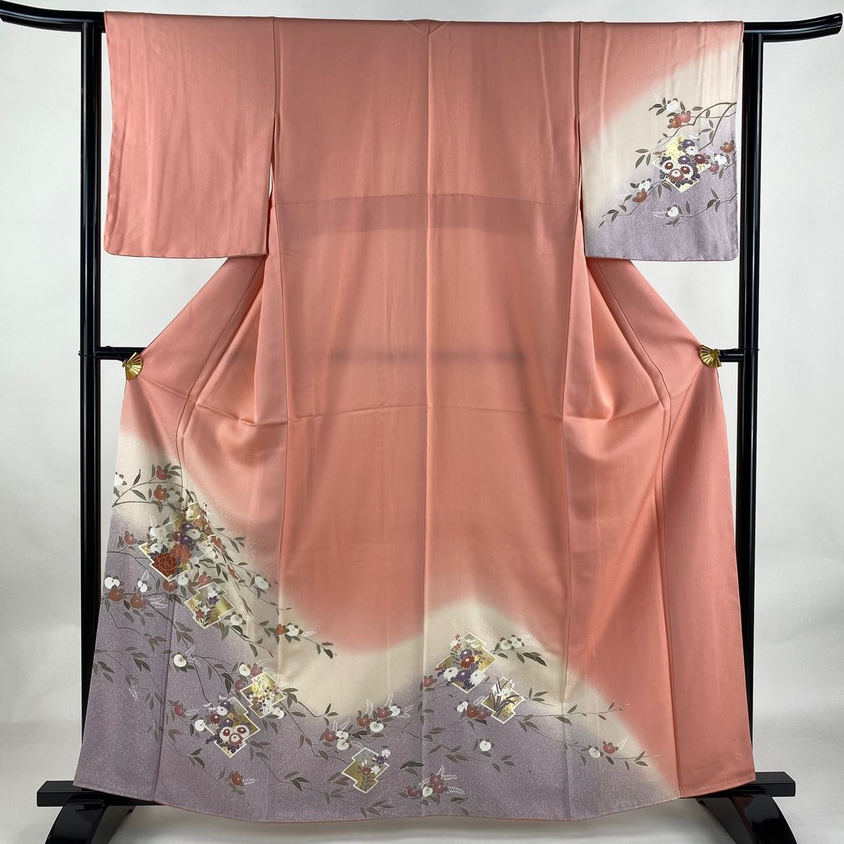 訪問着 身丈161.5cm 裄丈61cm S 袷 草花 橘 金銀彩 ぼかし ピンク 正絹 秀品