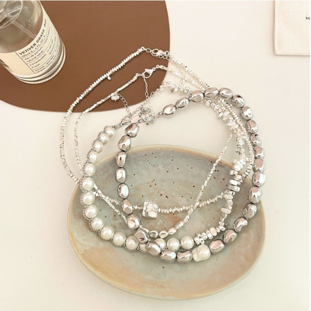 ユーズド 古着 パール ネックレス シルバー デザイン モード