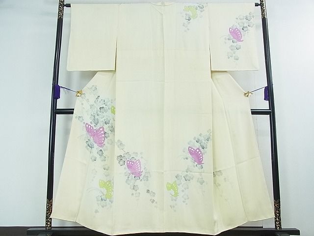 平和屋1□極上 振袖 駒刺繍 舞蝶草花文 暈し染め 金通し地 逸品3s20198