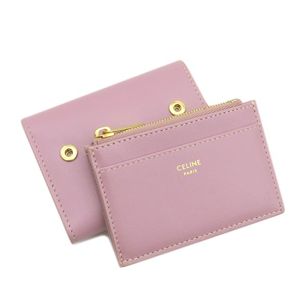 CELINE 三つ折り財布 ピンク ゴールド金具 レザー コンパクトウォレット セリーヌ CELINE 三つ折り財布 トリオンフ コイン入れ付き コンパクト