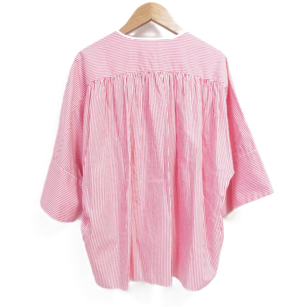 Drawer ドゥロワー ワイドスリーブ コットンストライプギャザーブラウス サイズ36 レッド レディース 古着
