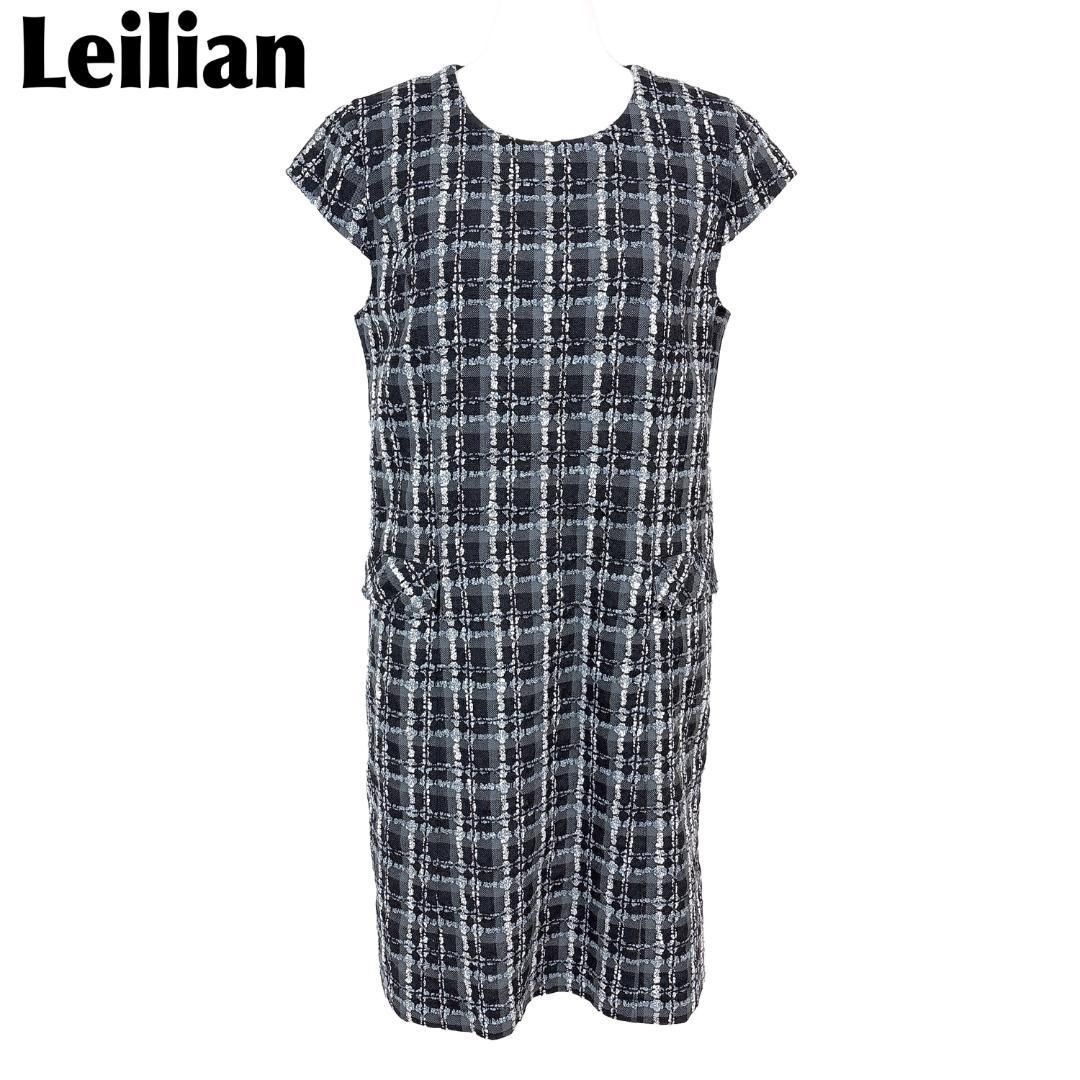 Leilian 半袖 切替ワンピース 13 ブラック ツイードチェック