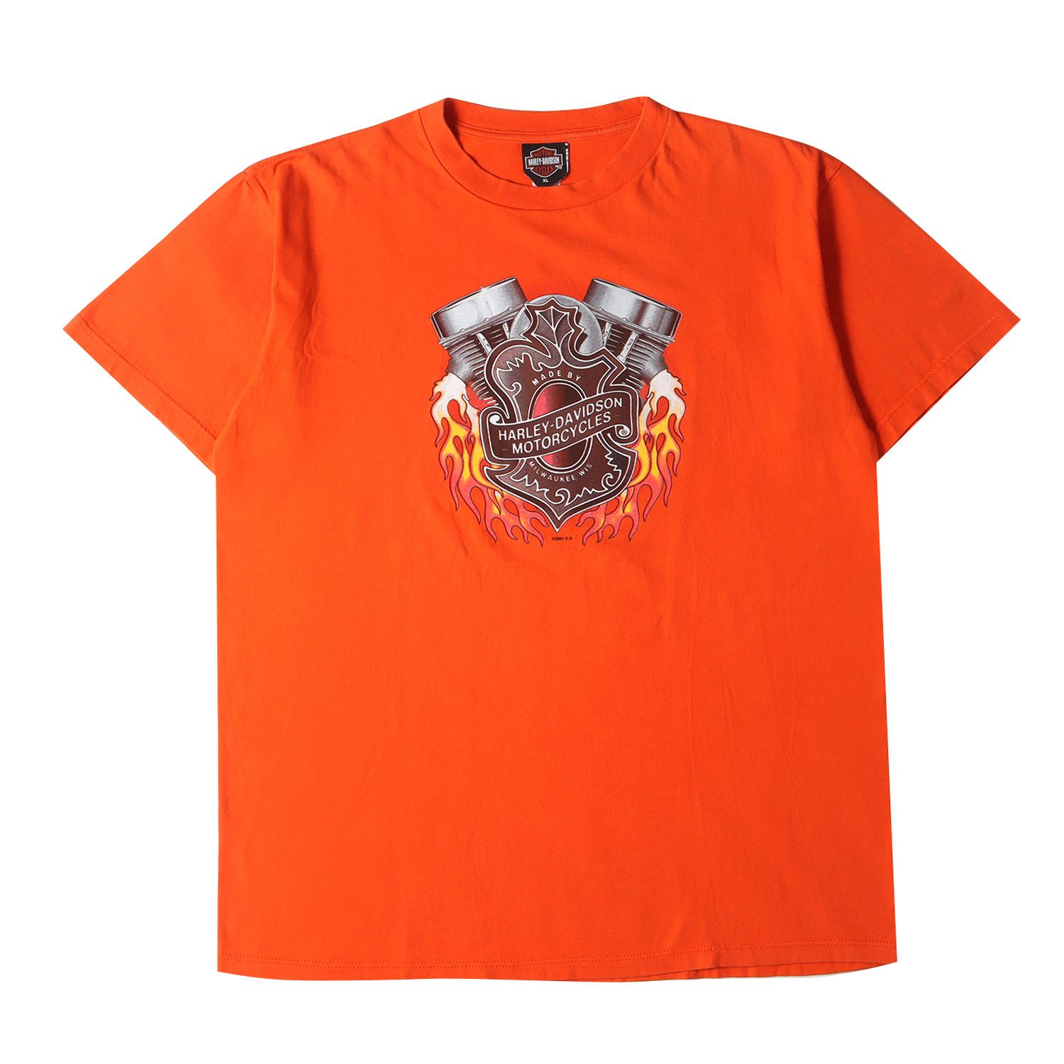 HARLEY-DAVIDSON ハーレーダビッドソン Tシャツ サイズ:XL 00s HOLOUBEK エンブレム グラフィック クルーネック 半袖Tシャツ USA製 / ファイヤーフレイム ツインターボエンジン オレンジ 00年代 ヴィン