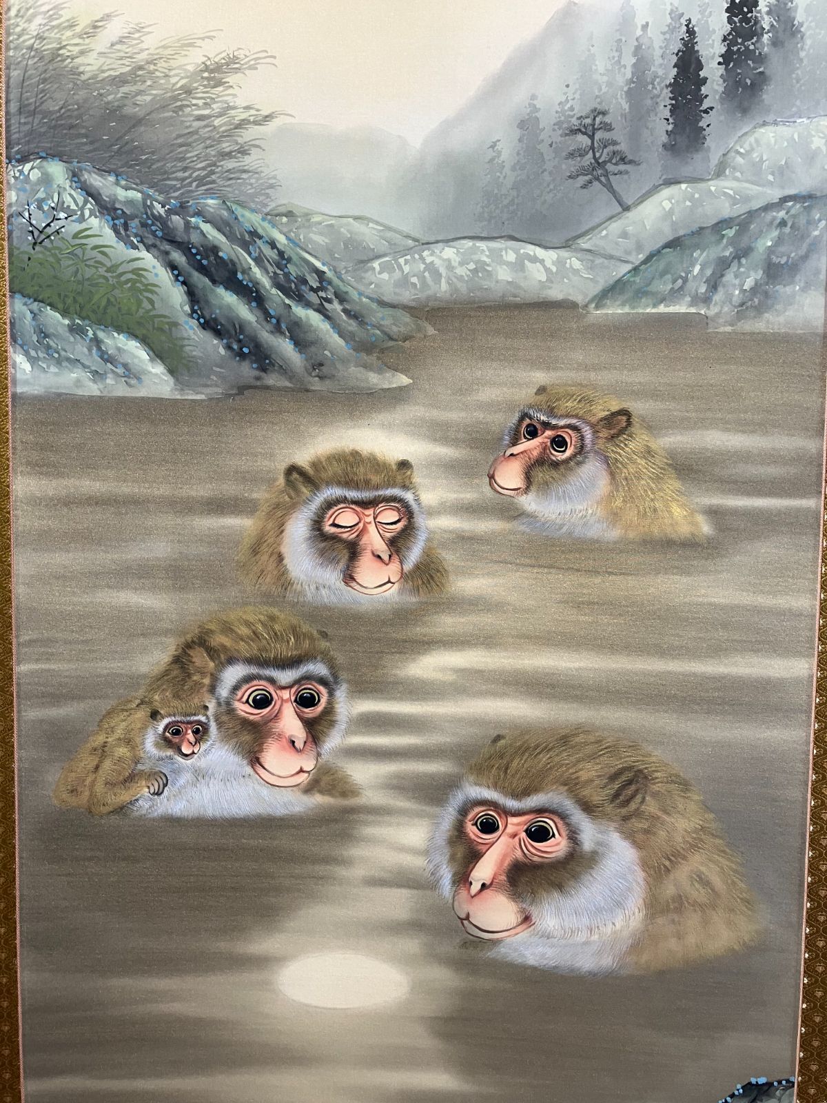 エクセルヒューマン掛け軸 特別値下げ！！掛け軸 安江政敏作「月がござる」肉筆画 尺八立