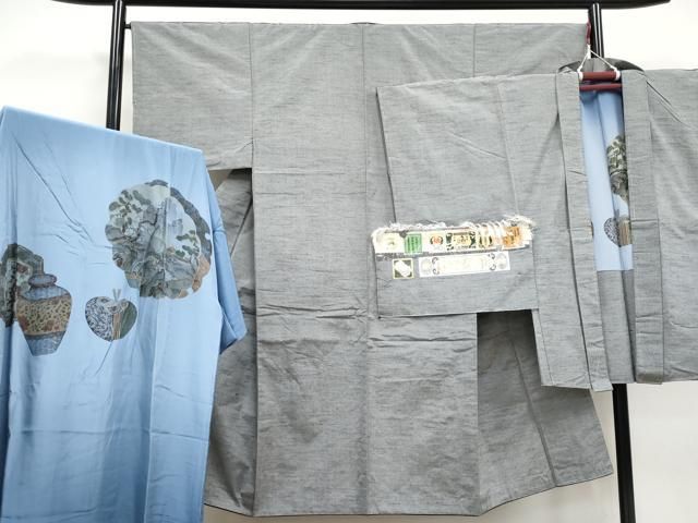 平和屋着物 上 男性 本場真綿絢結城紬 アンサンブル 長襦袢セット スーパーキング 色無地 薄鈍色地 証紙付き CYAA3333s5