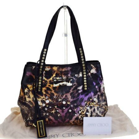  中美品 ジミーチュウ JIMMY CHOO トートバッグ ショルダー ハンド スタッズ ブラック コーティングキャンバス レザー 65V2688