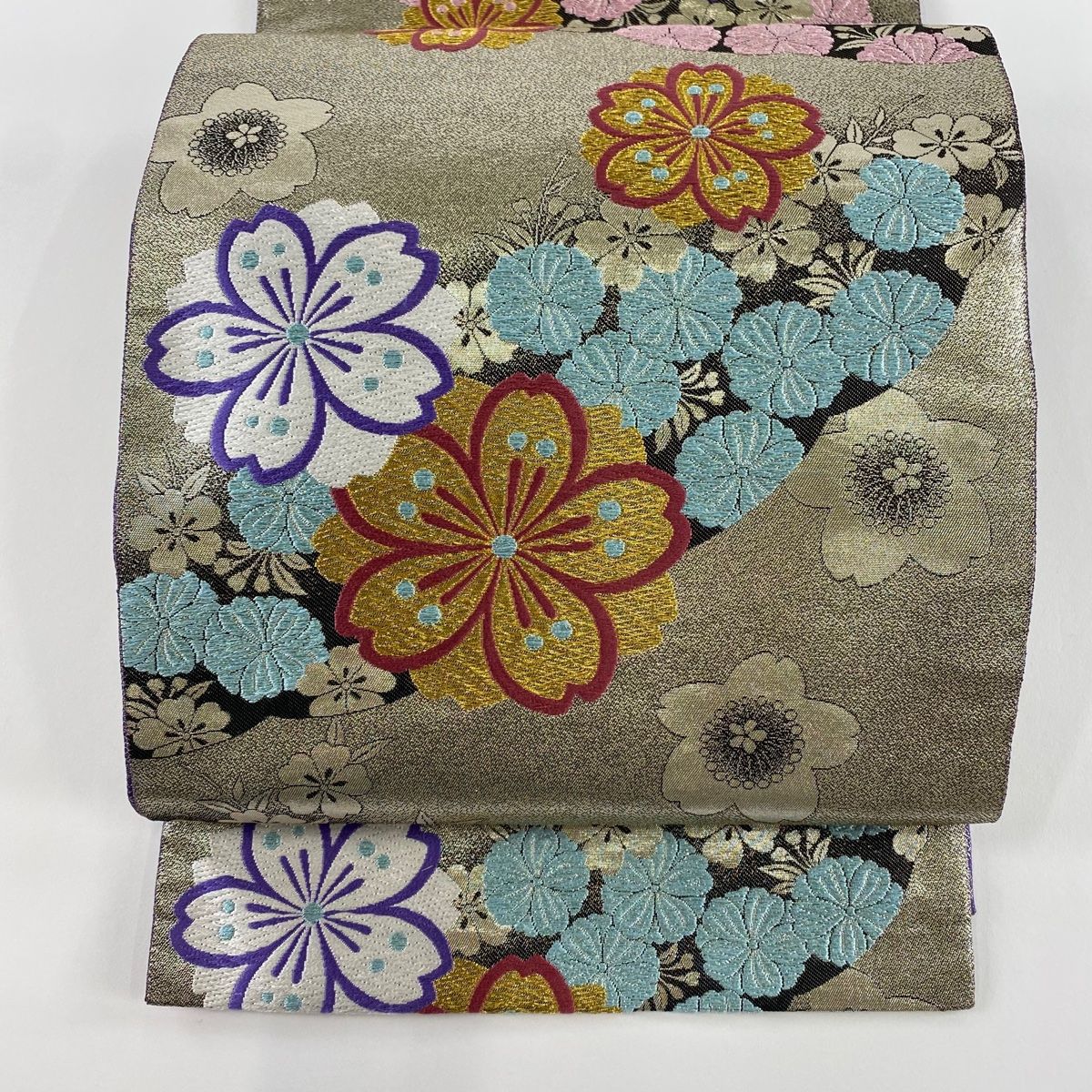 袋帯 秀品 振袖向き 桜 箔 刺繍 銀色 全通 正絹