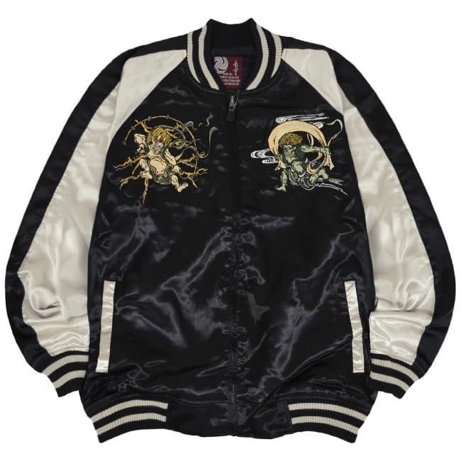 Size:L_Color:ブラック [ヨシダユウ] スカジャン 雷神風神 サテン カジュアル ジャケット ブラック L