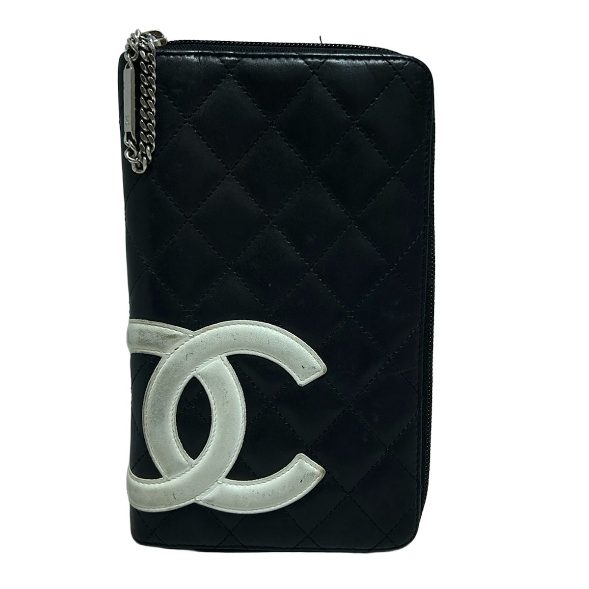 CHANEL シャネル 長財布 カンボンライン マトラッセ 黒×白 シルバー金具 ラムスキン