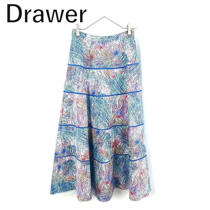 drawer ドゥロワー プリントロングフレアスカート ドゥロワー Drawer フレアロングスカート 柄 レース 鮮やか カラフル