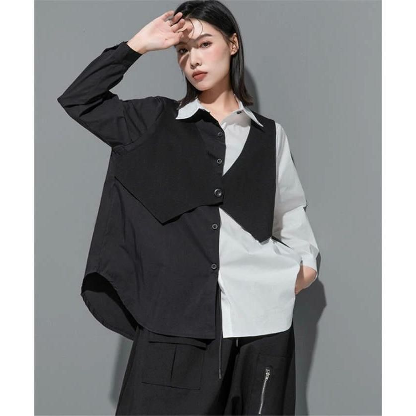 赤字覚悟!フェイクレイヤード シャツ レディース 配色 トップス ロングシャツ 春 秋 冬 デザイン 長袖 アシンメトリー 無地 個性的 ファッション ゆったり フェイクレイヤード シャツ レディース 配色 トップス ロング