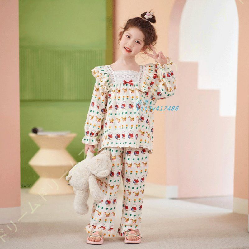 長袖 パジャマ キッズ 子供パジャマ 上下セット ガーゼパジャマ 部屋着 子供服 春秋 柄物 ルームウェア 寝巻き 寝間着 女の子 ロングパンツ セットアップ vii3v417486
