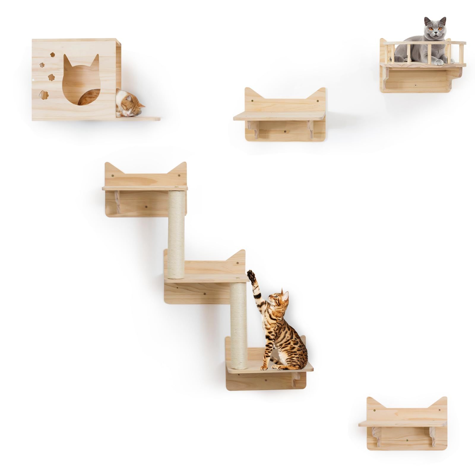 【★人気商品★】MIUZMORE 松 猫 壁フレーム クライミングフレーム 5点セット 猫の壁家具 猫の棚と止まり木 壁 キャットハウス サイザル麻の柱 はしご 猫の階段 猫の旅行プラットフォーム