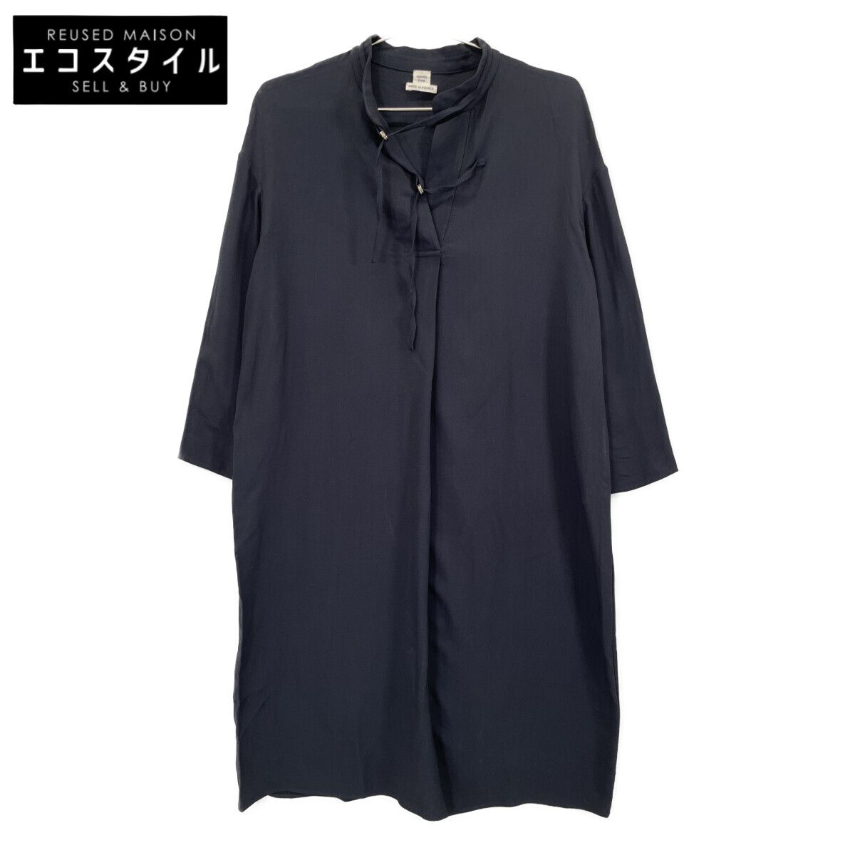 HERMES エルメス ﾈｲﾋﾞｰ ｼﾙｸ混 ﾘﾎﾞﾝﾀｲ ﾜﾝﾋﾟｰｽ 34