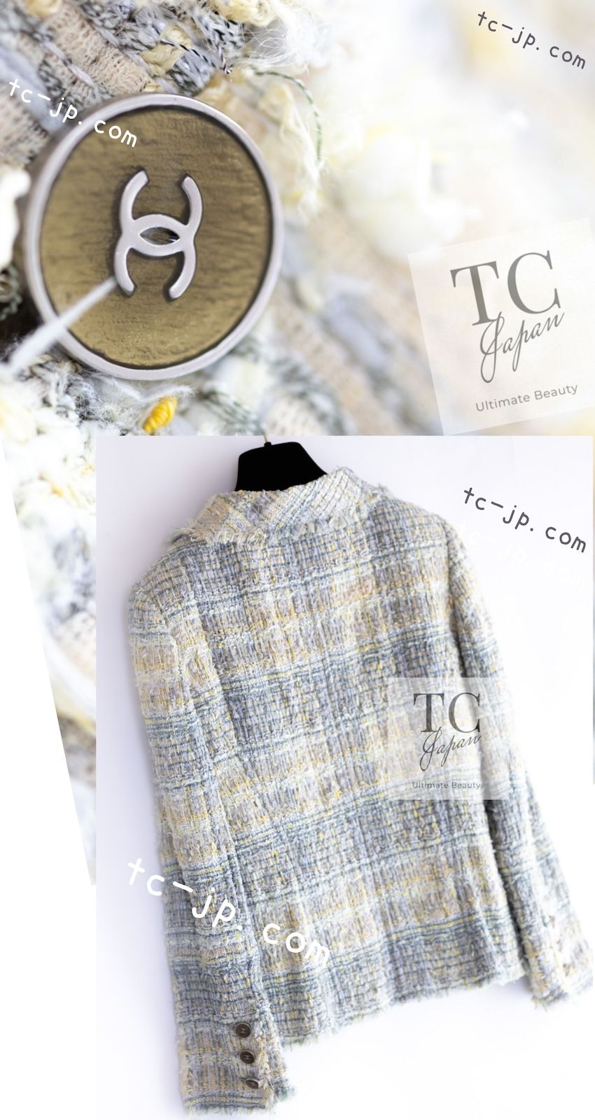 シャネル ジャケット CHANEL グレー イエロー ミント ツイード