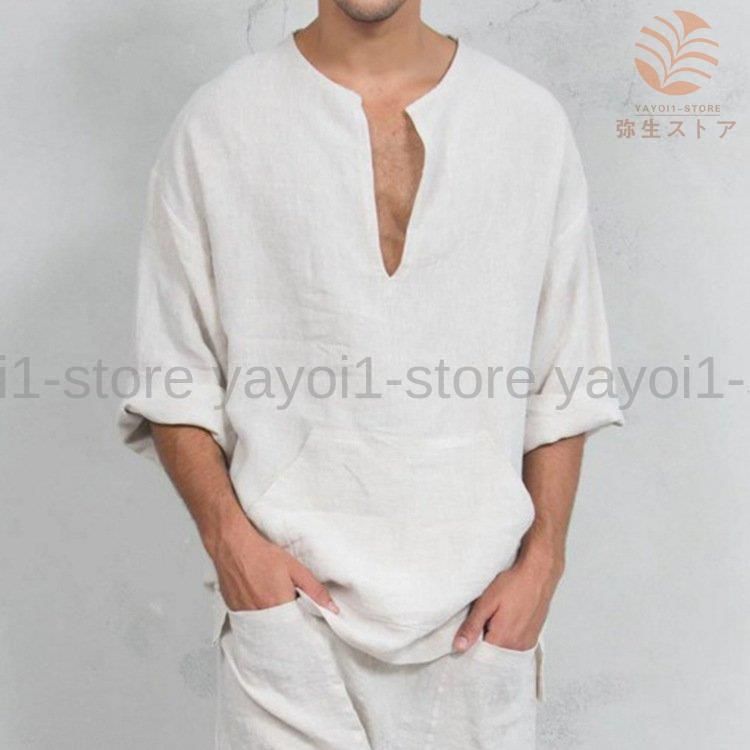 シャツ トップス メンズ プルオーバー ベルスリーブ Vネック 無地 エスニック ゆったり カジュアル 着心地良い Tシャツ ビッグシルエット