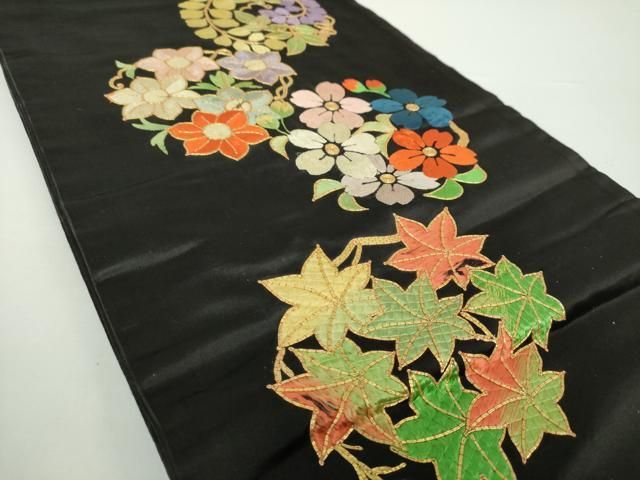 平和屋着物 アンティーク 大正ロマン 六通柄袋帯 駒刺繍 総刺繍 花丸文 黒地 金糸 正絹 DAAX4537ps
