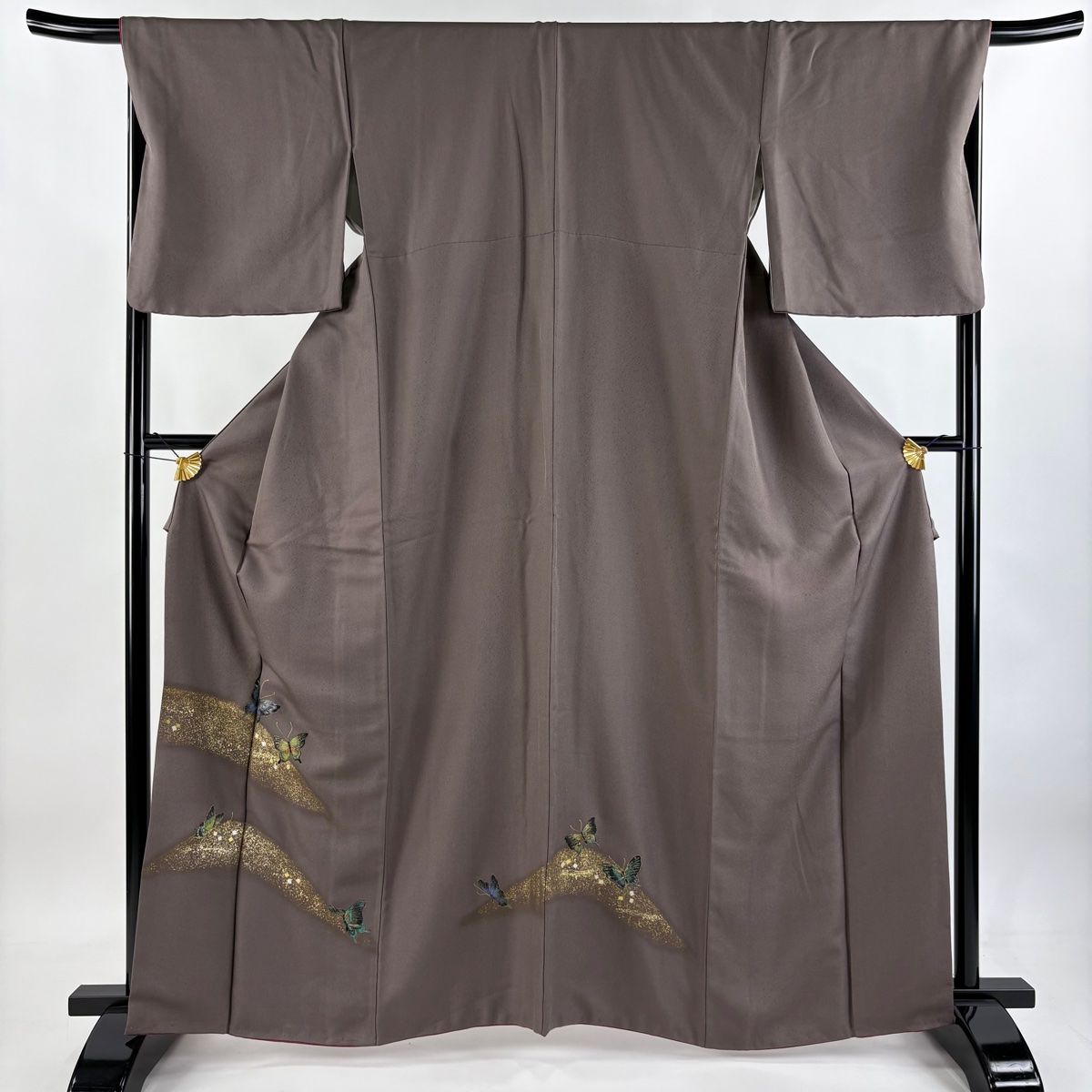 付下げ 身丈163.5cm 裄丈67.5cm L 袷 蝶 箔散らし 刺繍 金銀彩 茶紫 正絹 秀品