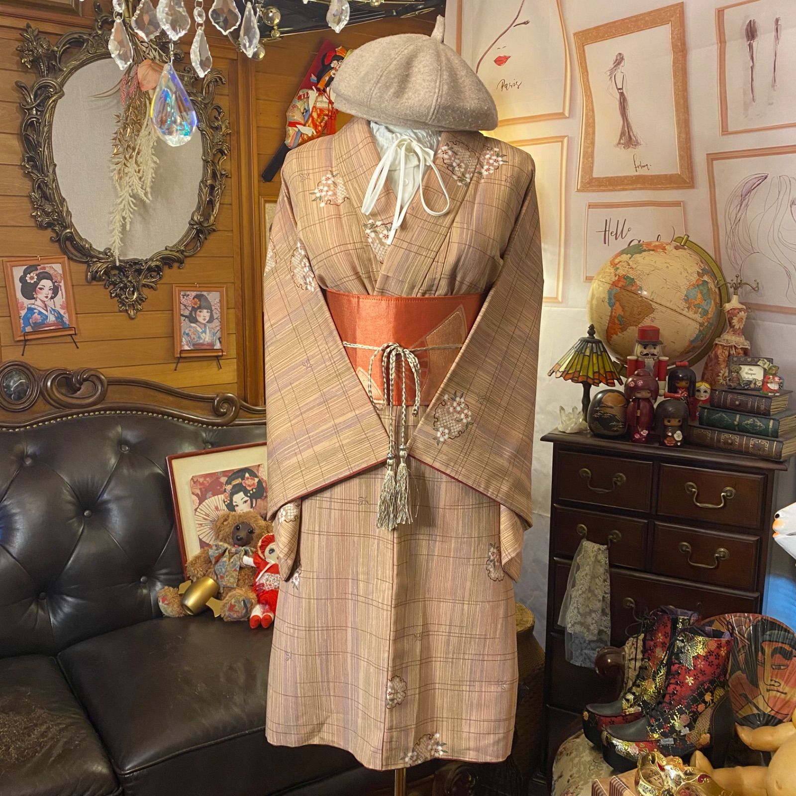 着物リメイク ミニミディ ワンピース ドレス 洗える 化繊 名古屋帯  