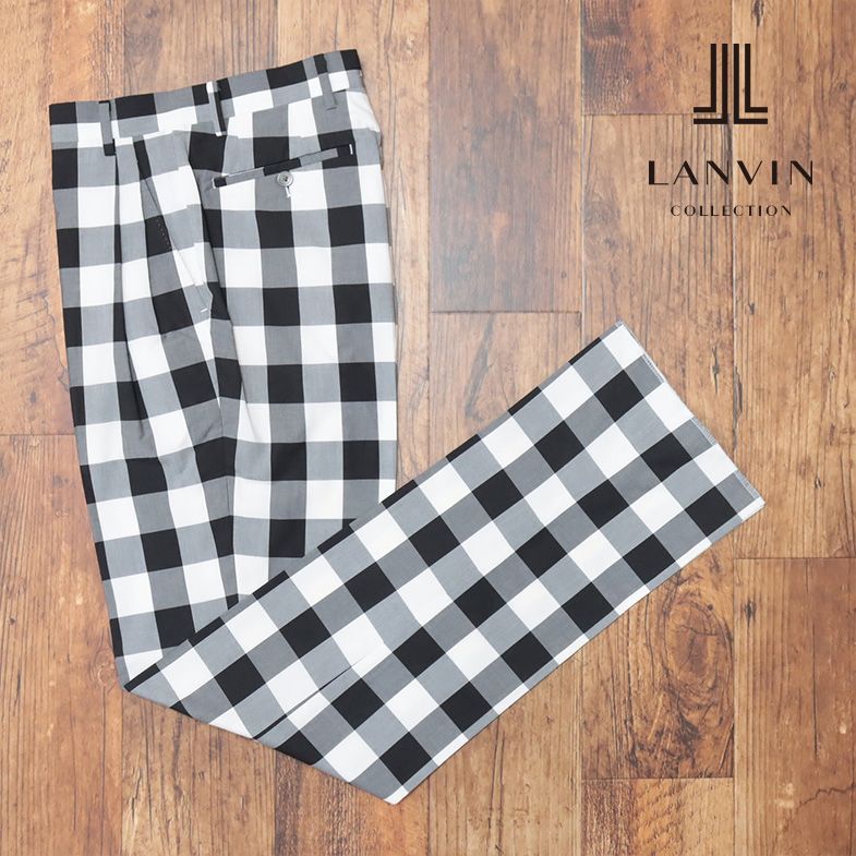 春夏/LANVIN COLLECTION/48サイズ/スラックス パンツ さらっと先染ギンガム チェック ツータック 日本製 プレッピー 新品/黒×白/ib195/