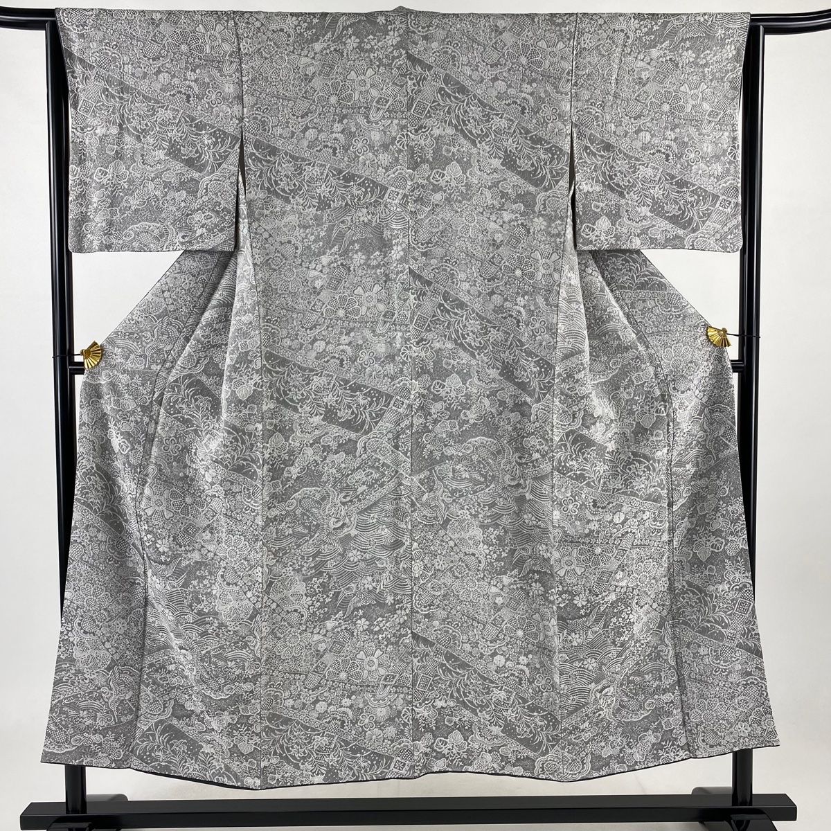 小紋 身丈150cm 裄丈63.5cm S 袷 花鳥 波 紋意匠 灰色 正絹 名品