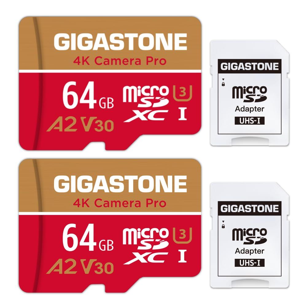 5年保証Gigastone マイクロSDカード 64GB A2 V30 2個セット, 2 SDアダプタ付き UHD 4K ビデオ録画 95MB/s マイクロSDXC UHS-I U3 Class 10
