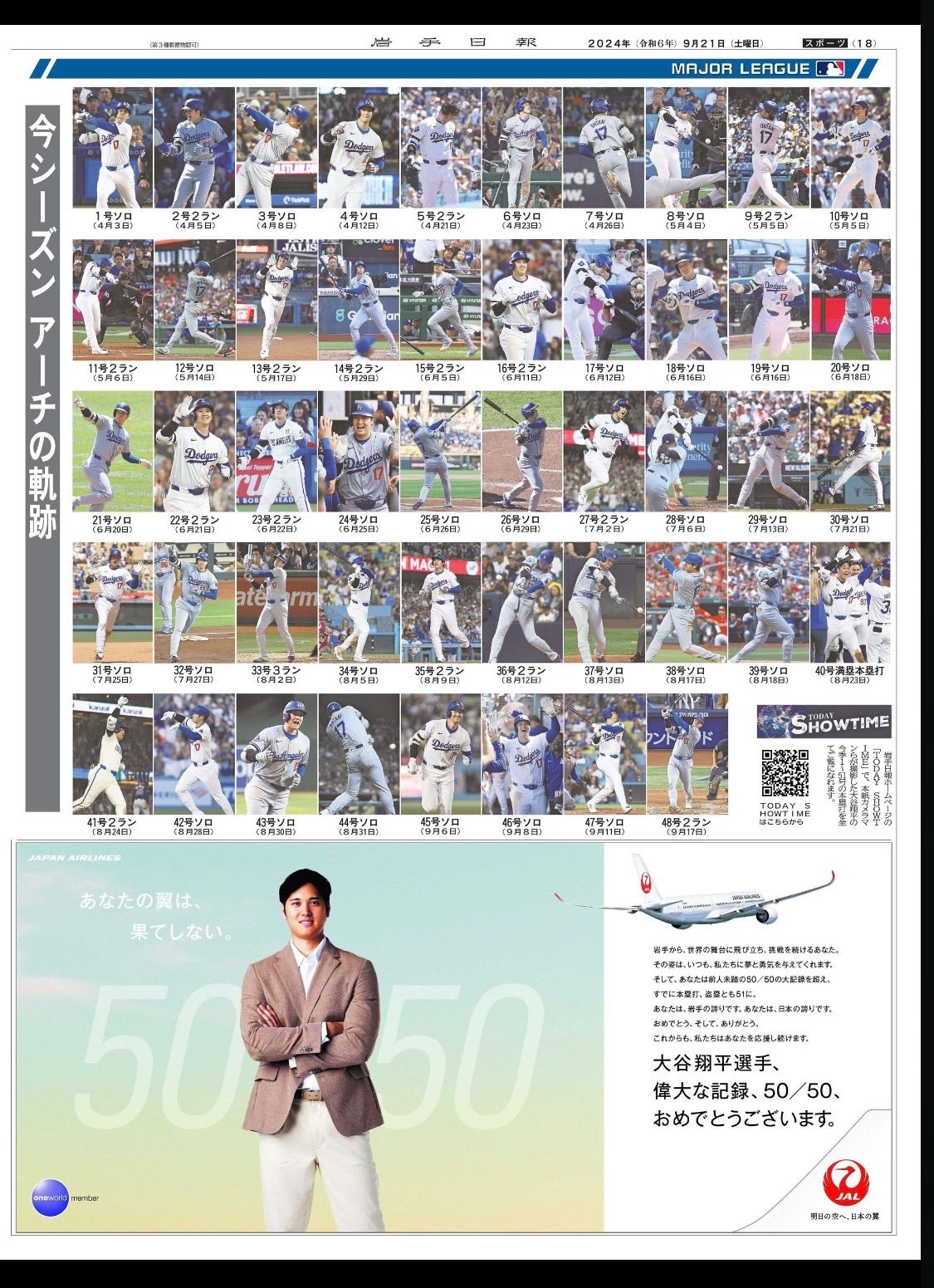 2024年9月21日(土)地方紙　岩手日報　朝刊『ドジャース大谷翔平選手　史上初 50-50』