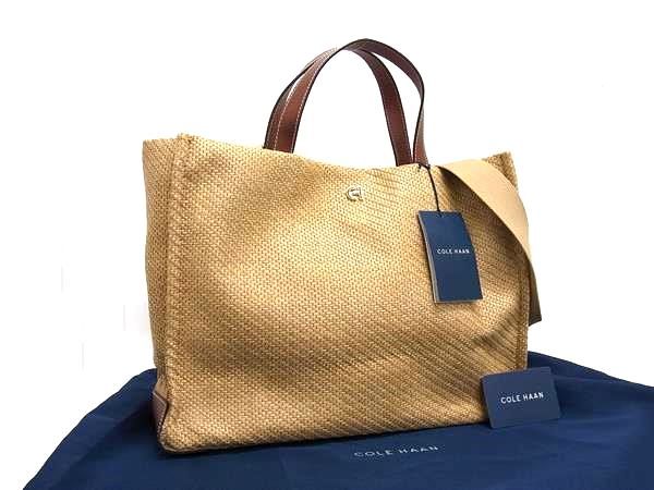 ♥ COLE HAAN コールハーン ストロー×レザー 2WAY ハンドバッグ ショルダー トート ベージュ系×ブラウン系 FP5869