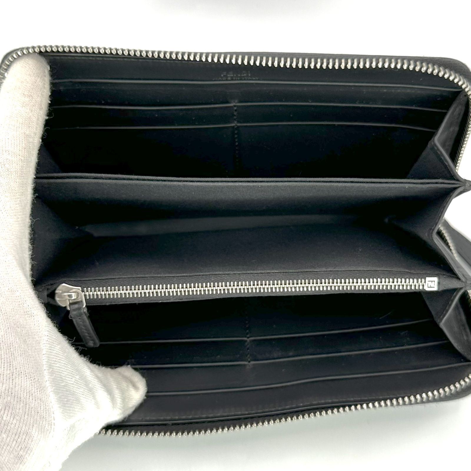 現行/美品 フェンディ マイクロ FF ラウンドファスナー 長財布 黒 グレー FENDI】フェンディ マイクロFF ラウンドファスナー 7M0210