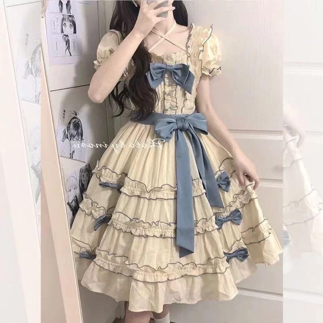 リボンが可愛いロリータワンピース♪ひざ丈 オフショル　お出かけやデートに❤️ 新品未使用リボンが可愛いロリータワンピース♪ひざ丈