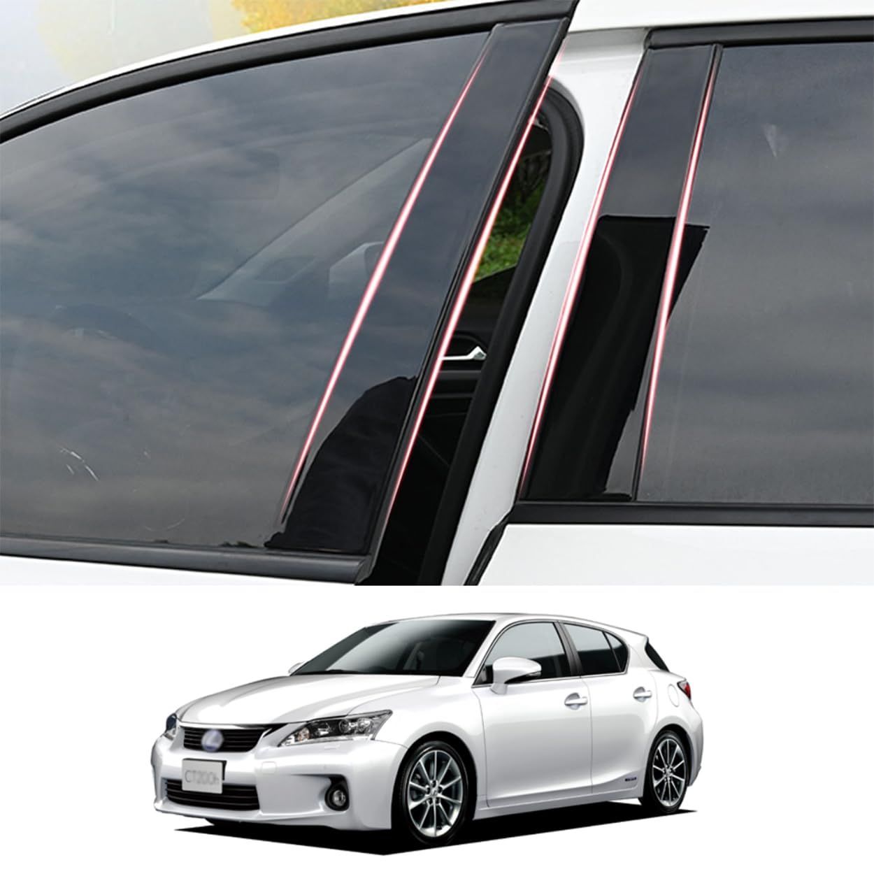 ZdeduoCar レクサス 専用設計 CT200 CT200h ZWA10（2011年1月-2022年11月） ピラーガーニッシュ Bピラー 純正サイドバイザー 保護カバー 6点セット (ピアノブラック)