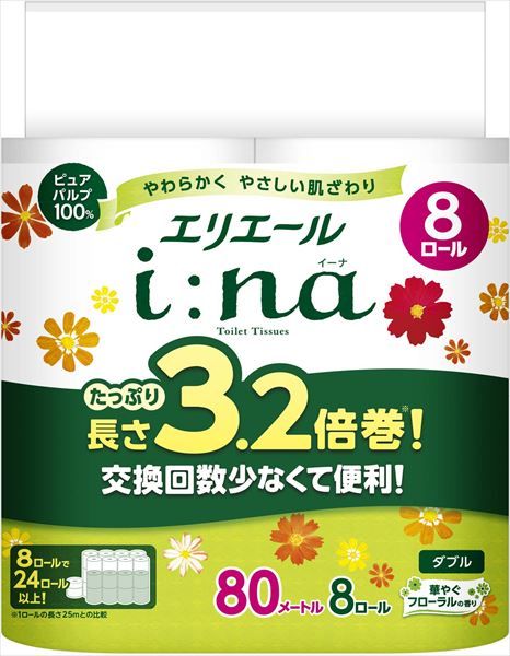 まとめ買い-8点セット エリエールｉ ｎａ イーナ トイレット３．２倍巻８Ｒ ダブル 大王製紙 トイレットペーパー