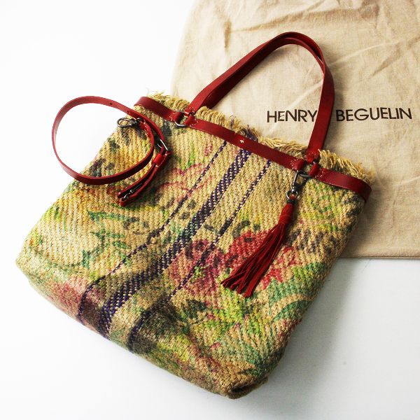 美品 HENRY BEGUELIN エンリーベグリン オミノ刺繍 レザー×プリント ...