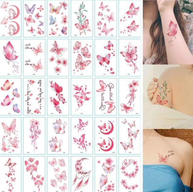 ピンクの蝶々と花柄のタトゥーシール フェイク タトゥー 入れ墨 tatoo 刺青 バタフライ 【30枚セット】 メルカリ