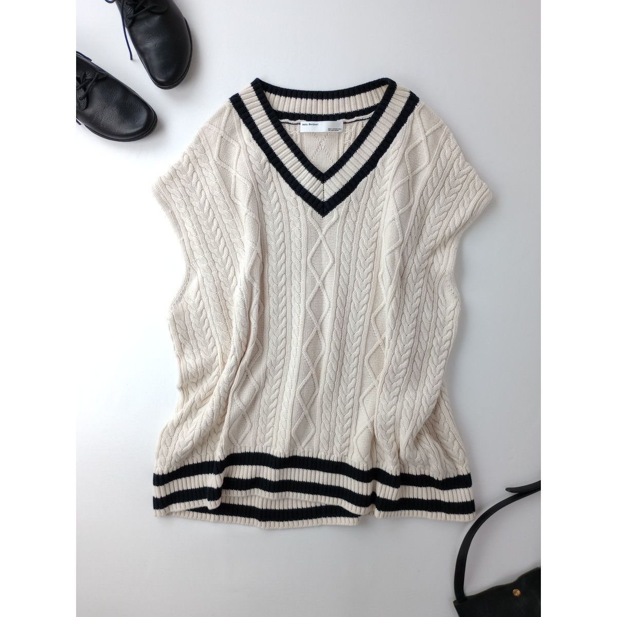定価36300円 L Appartement アパルトモン ドゥーズィエムクラス Alan Knit Vest アラン ニット ベスト ケーブル編み Vネック コットン ウール Hello Bonjour 82T＋2252 25A