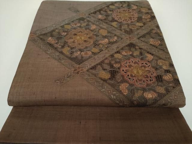 平和屋着物●中国三大刺繍　スワトウ相良刺繍　汕頭相良刺繍　総刺繍　太鼓柄袋帯　紬地　花菱文　正絹　逸品　DAAV6950ps 平和屋着物○中国三大刺繍 スワトウ相良刺繍 汕頭相良刺繍 総刺繍 太鼓